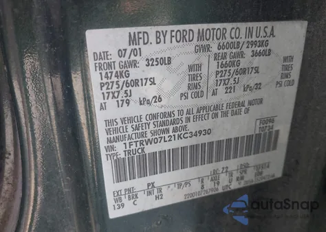 2001 Ford F-150 Harley-Davidson Edition/King Ranch Edition/Lariat/Xlt z USA, uszkodzony, nr VIN 1FTRW07L21KC34930